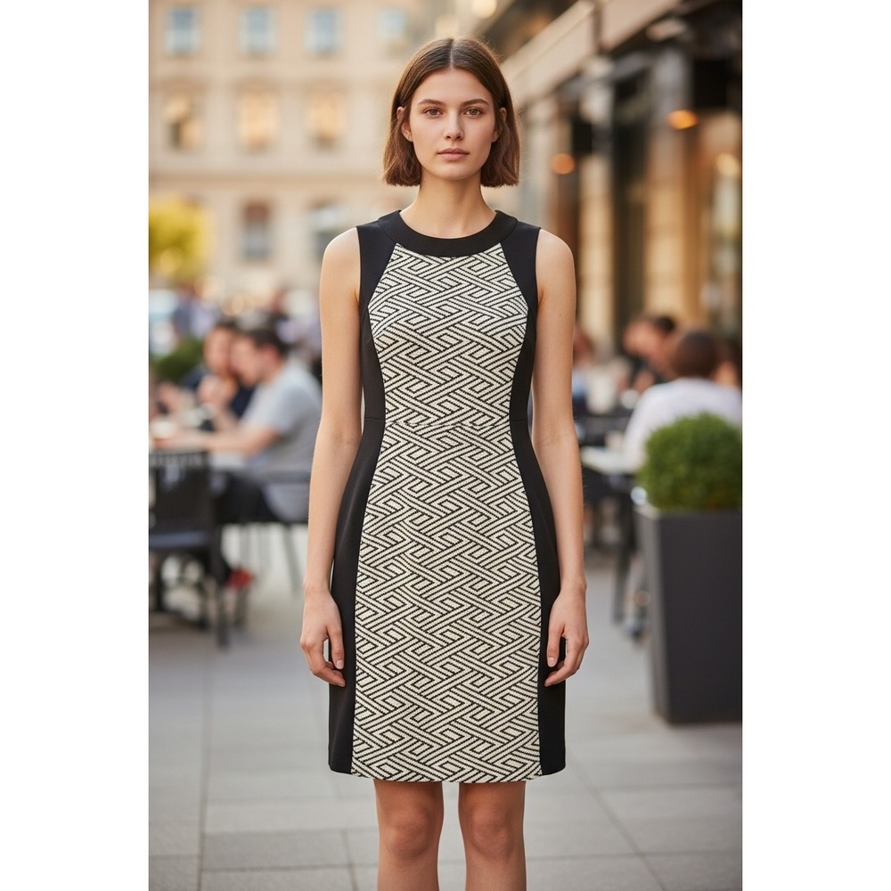 Dana Buchman Black White Geometric Jacquard Sheath Dress Size 6 Sleeveless